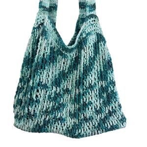 Handknit crochet blue and white shoulder tote bag